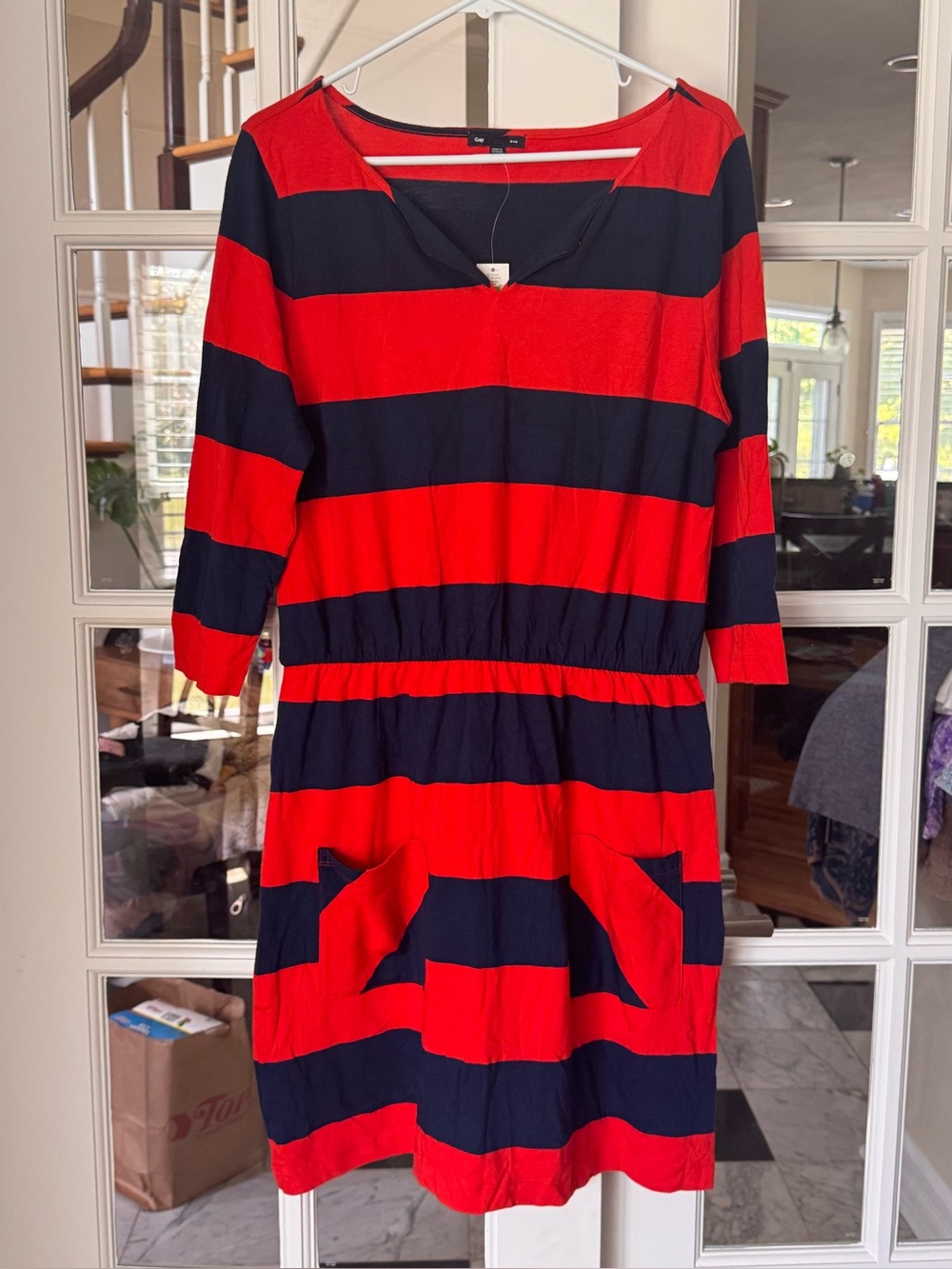 Gap red & navy striped rugby style dress M pockets lightweight blokette sporty